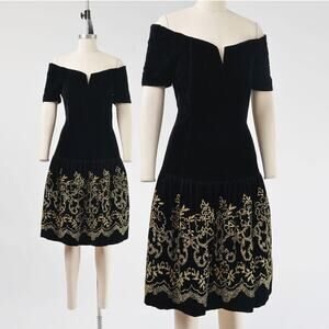 Vintage 80s Black Velvet Off Shoulder Drop Waist Gold Glitter Floral Dress S M